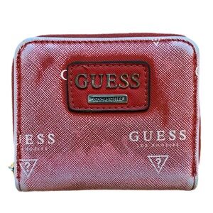 Guess Meade Distressed Wallet Red Faux Leather Zip-Around Logo Print Travel